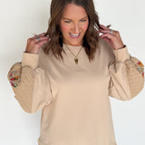 Quilted Sleeve Pullover- Taupe