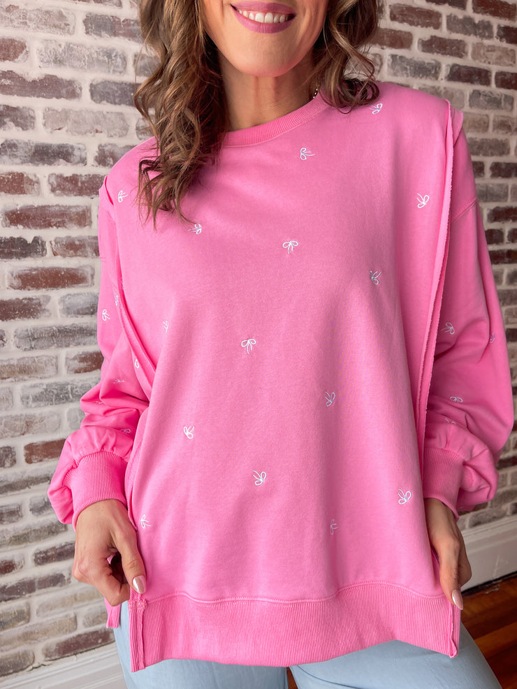 Ditsy Bow Pullover- Pink