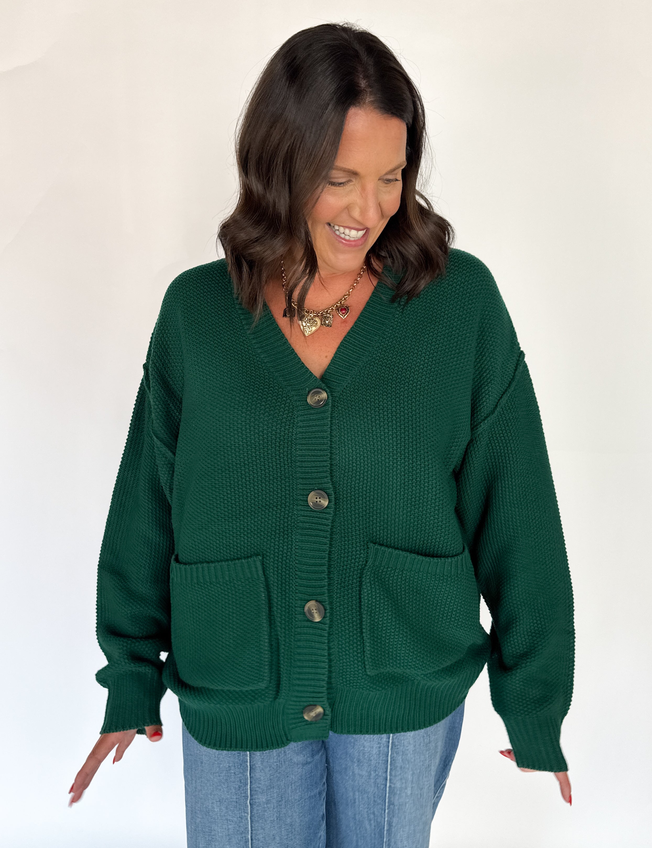 V Neck Waffleknit Cardigan- Dark Green - Ana Patricia Boutique