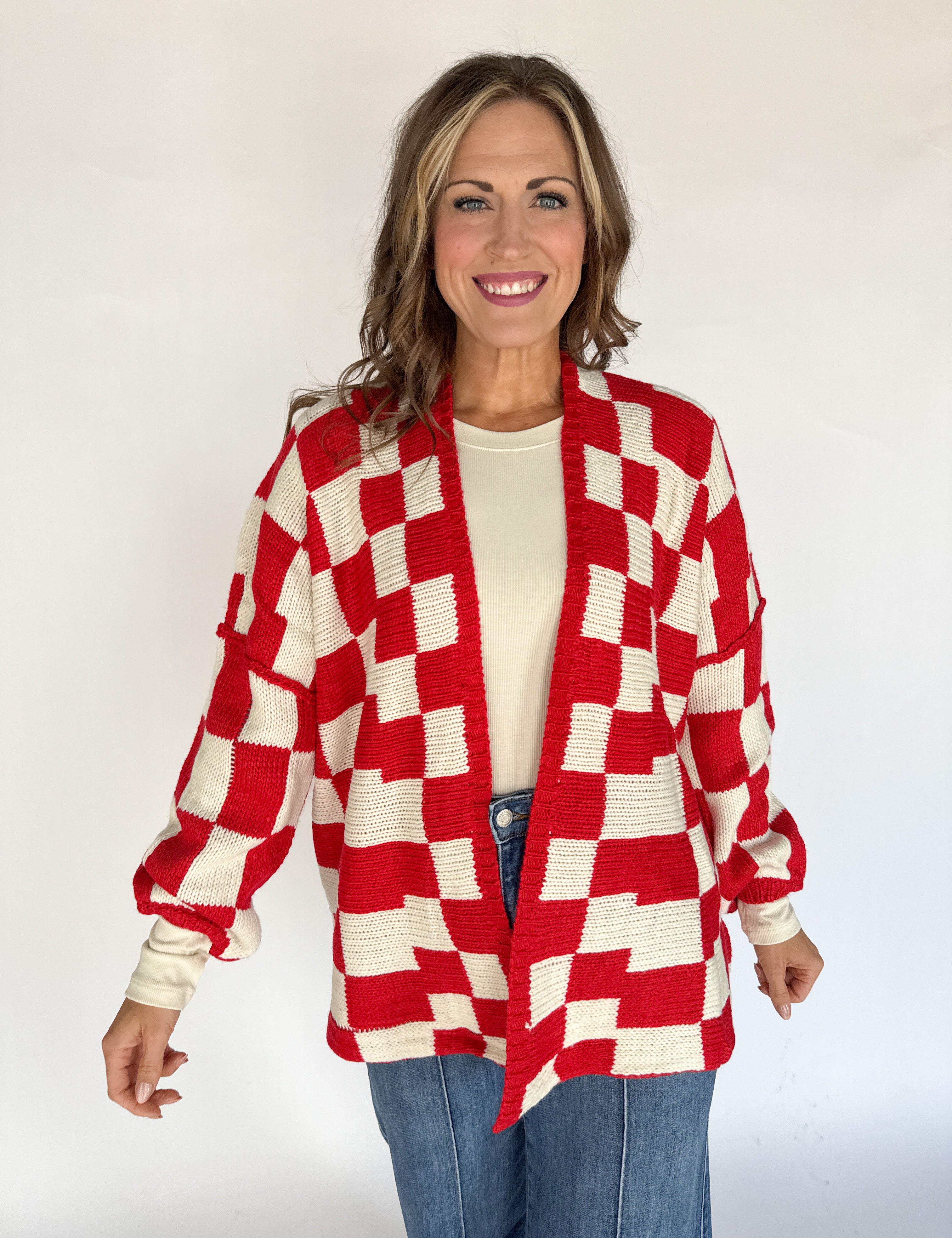 Checkered Cardigan- Red/Ivory - Ana Patricia Boutique