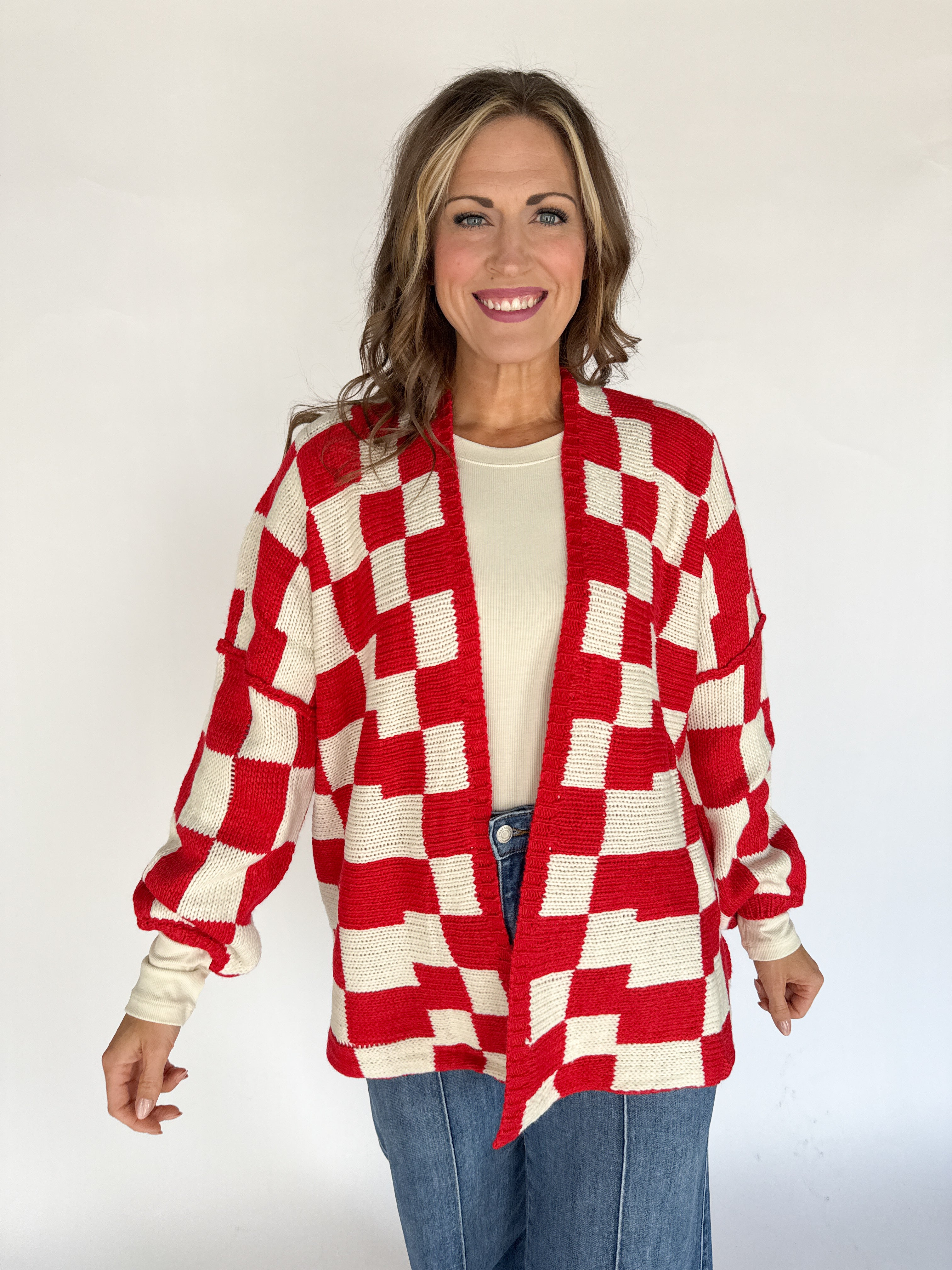 Checkered Cardigan- Red/Ivory - Ana Patricia Boutique