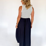 Stripe Mixed Media Dress- Navy/Ivory