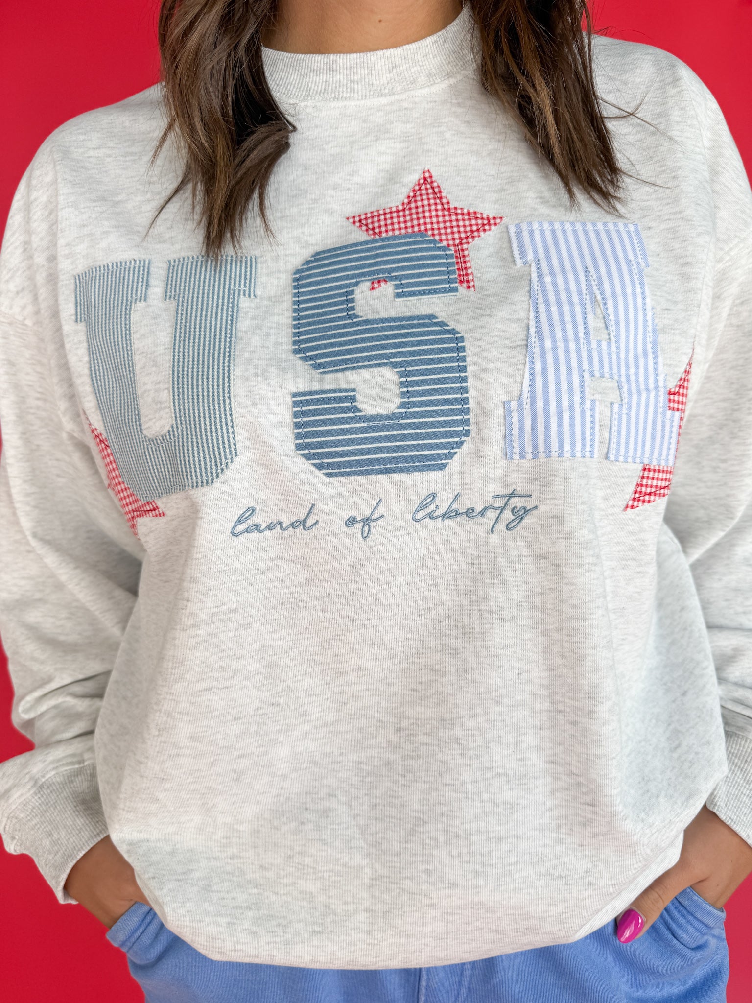 USA Patchwork Crewneck- Grey - Ana Patricia Boutique