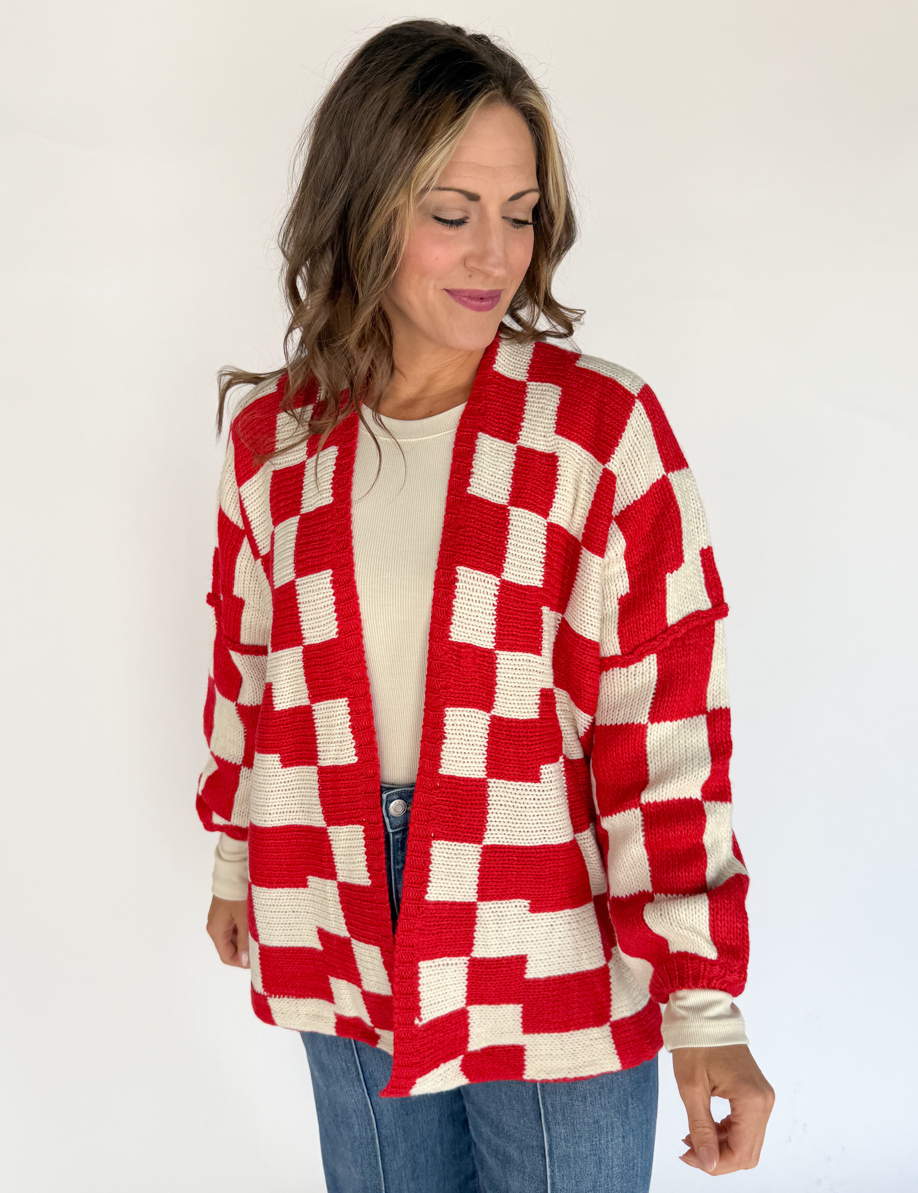 Checkered Cardigan- Red/Ivory - Ana Patricia Boutique