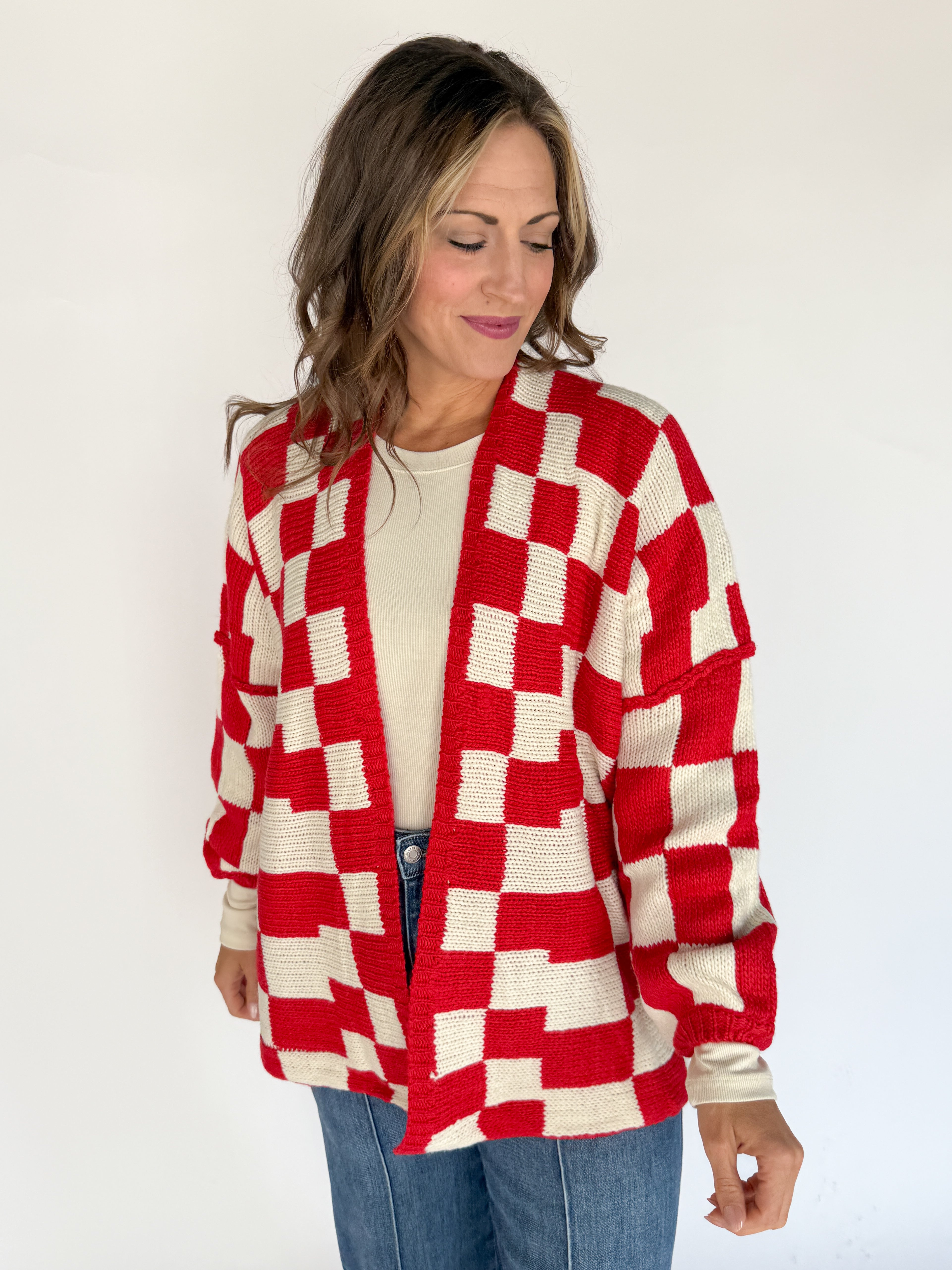 Checkered Cardigan- Red/Ivory - Ana Patricia Boutique