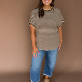 Scallop Trim Stripe Knit Top-Mocha