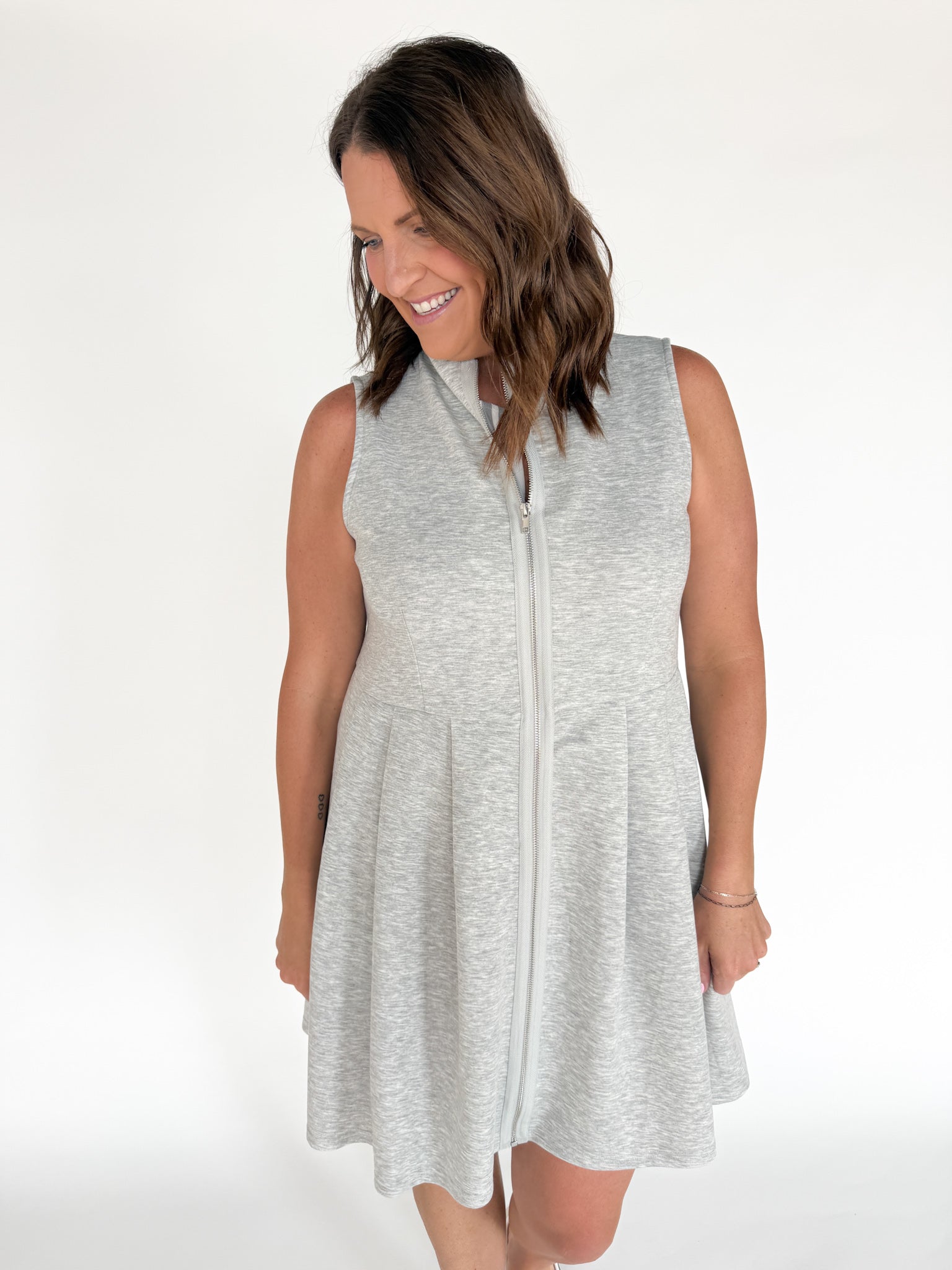 Sleeveless Scuba Zip Up Dress-Grey - Ana Patricia Boutique
