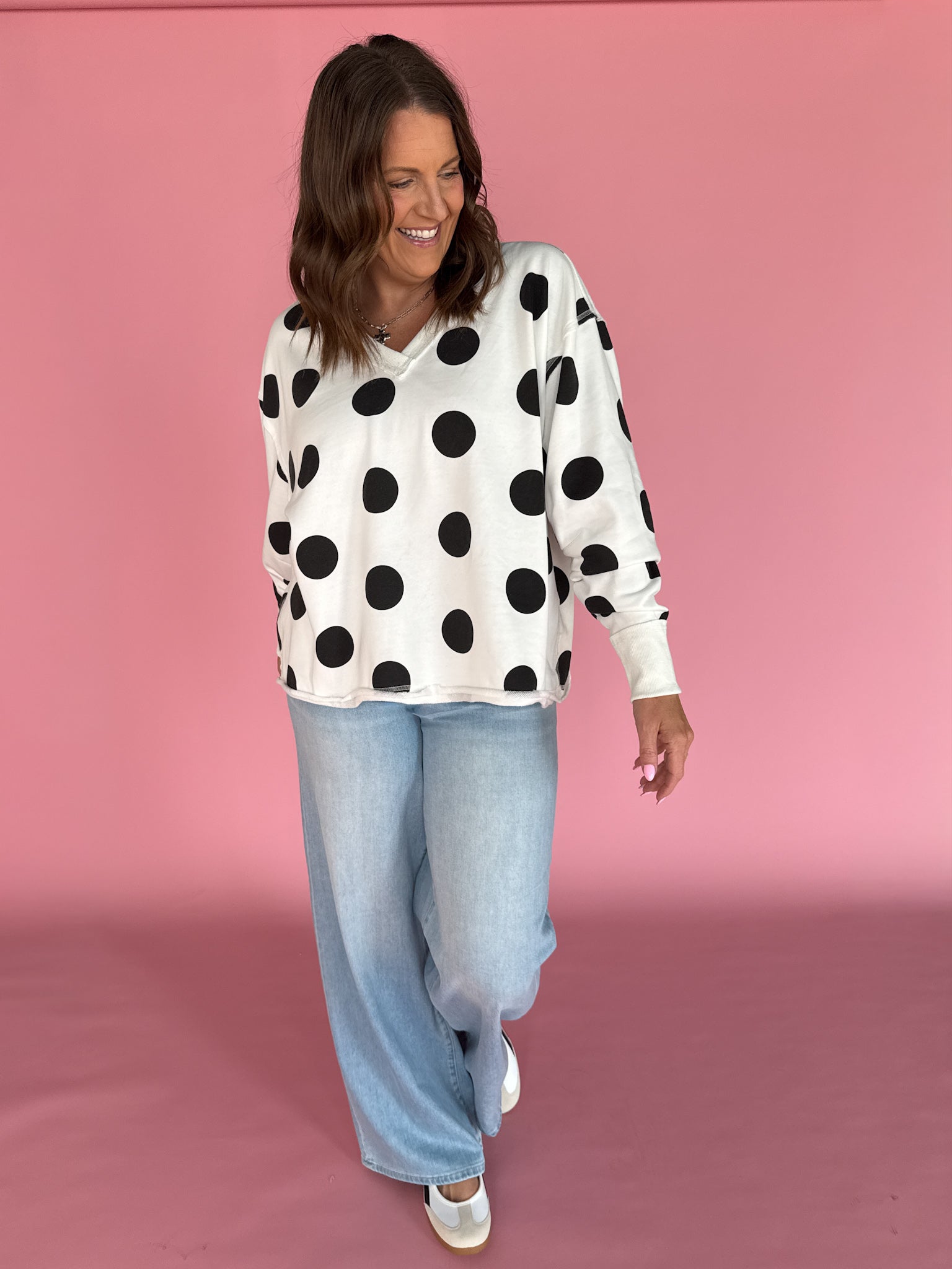 V Neck Polka Dot Pullover-Ivory/Black - Ana Patricia Boutique