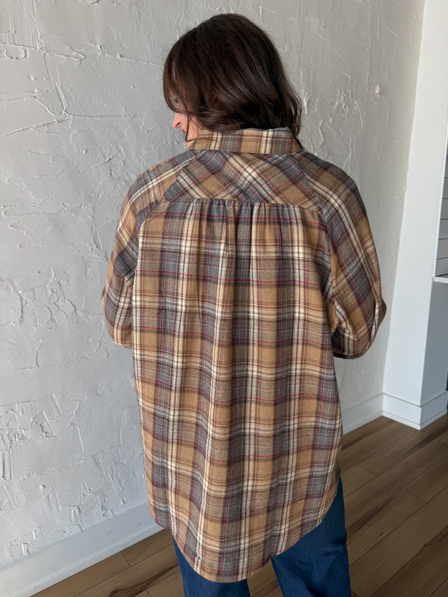 Oversized Plaid Button Up- Oatmeal - Ana Patricia Boutique