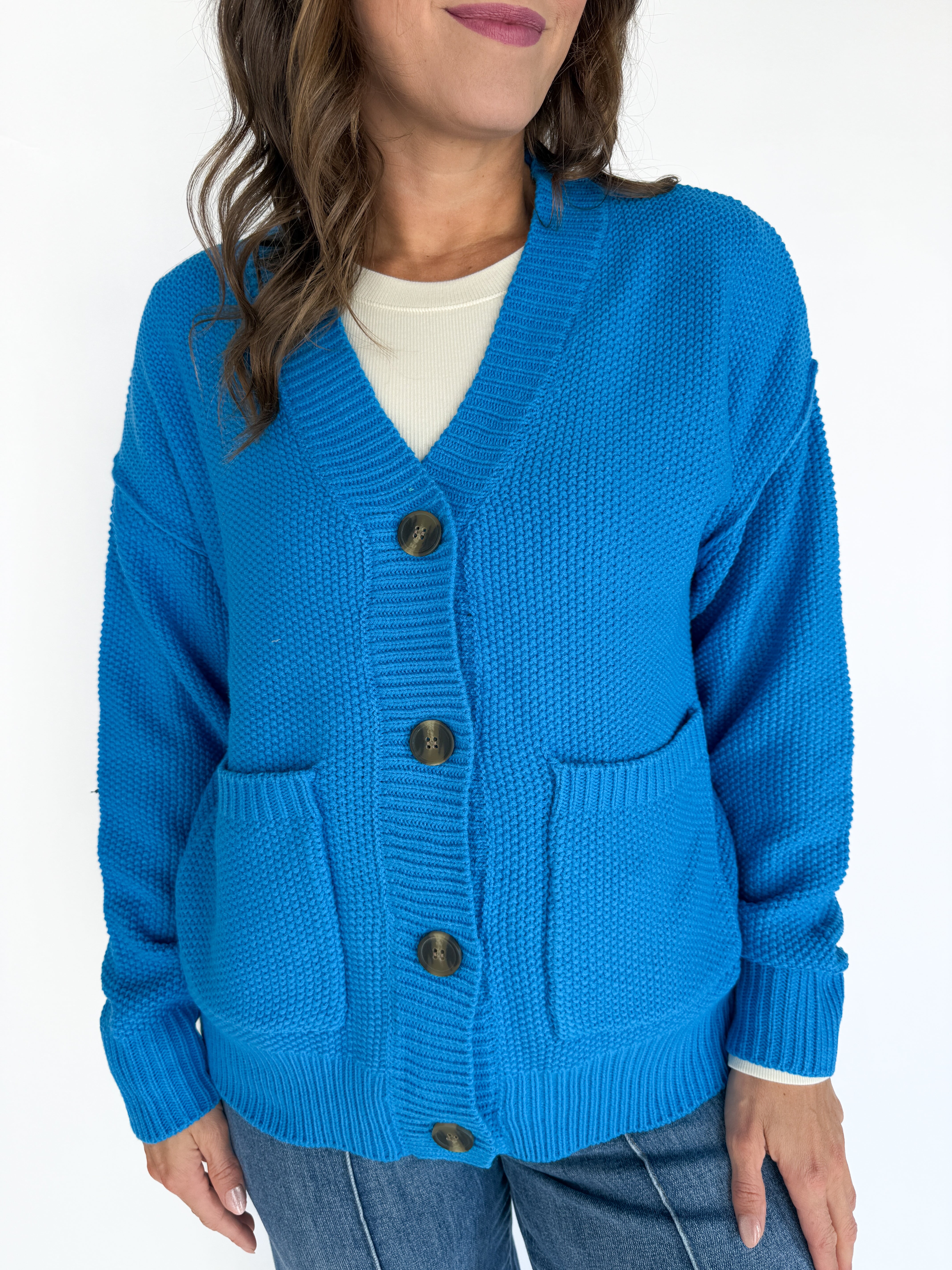 V Neck Waffleknit Cardigan- Blue - Ana Patricia Boutique