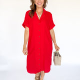 Button Down Midi Dress- Red