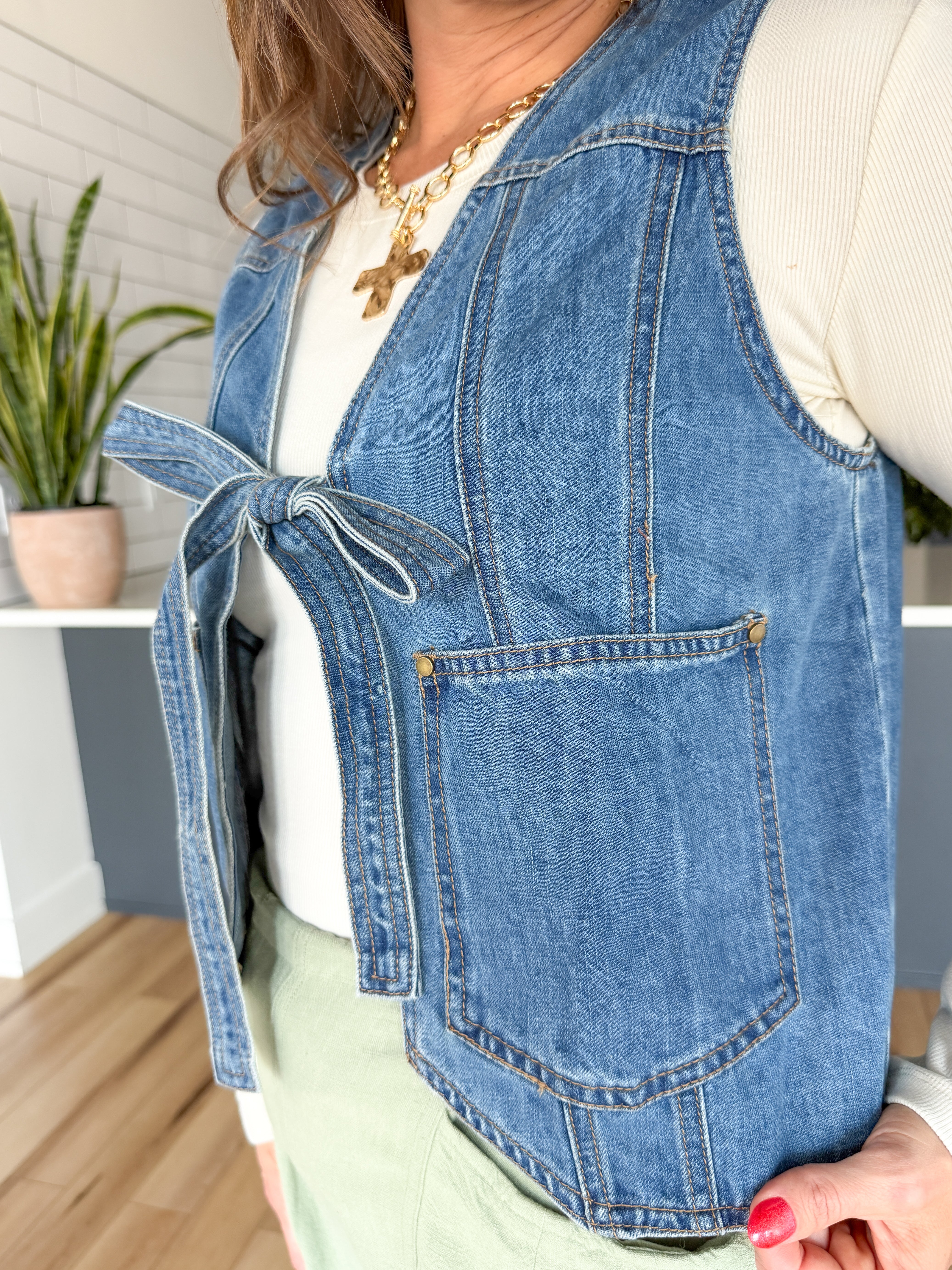 Denim Tie Front Vest - Ana Patricia Boutique