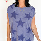 Stamped Star Sleeveless Top- Blue
