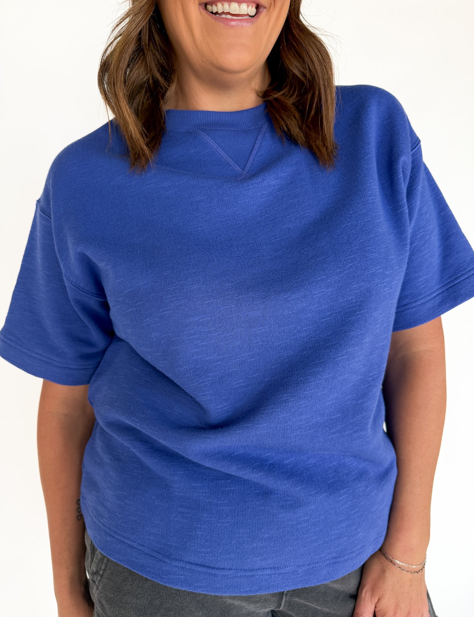 Crew Neck Short Sleeve Top- Blue - Ana Patricia Boutique