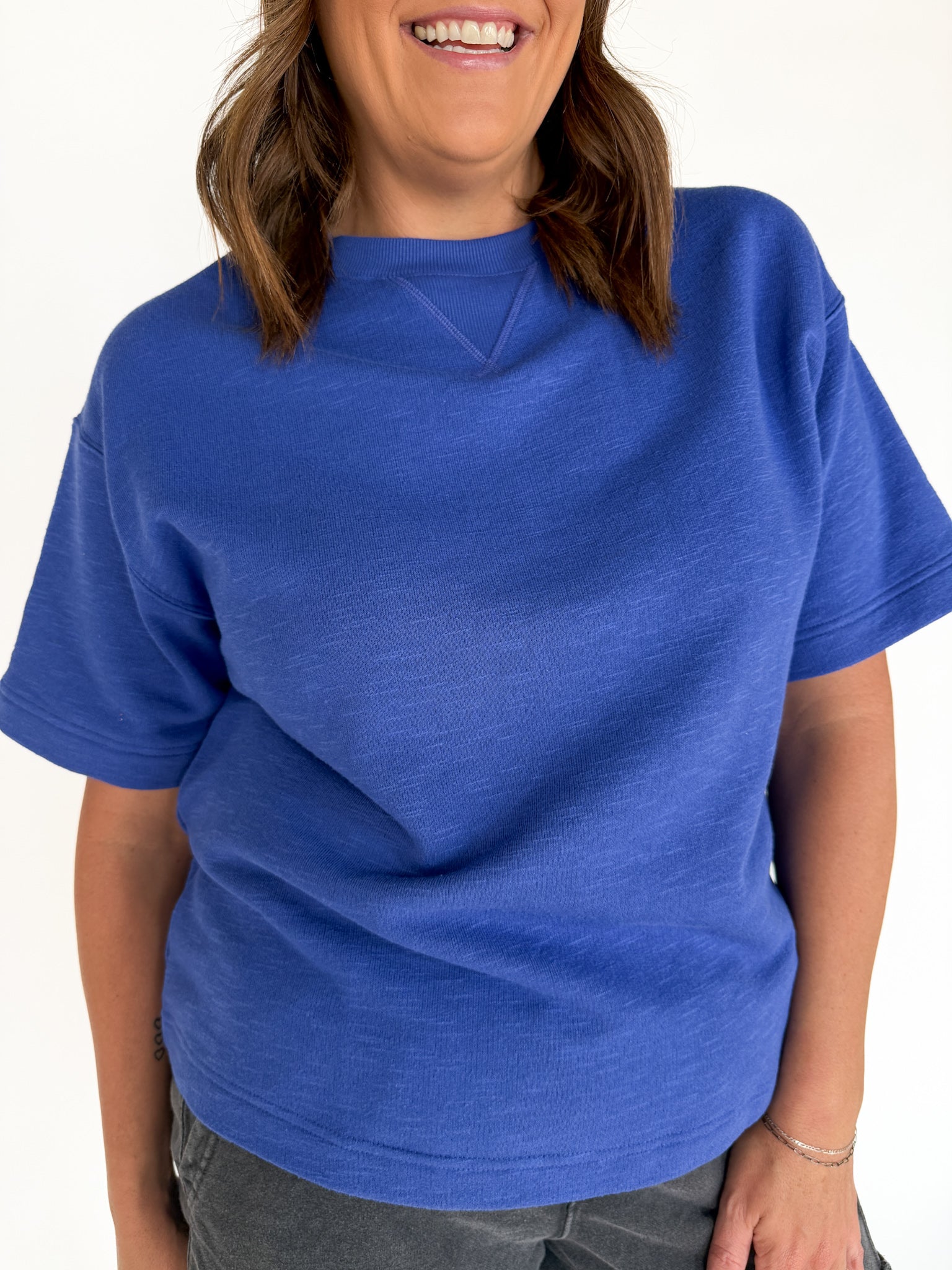 Crew Neck Short Sleeve Top- Blue - Ana Patricia Boutique