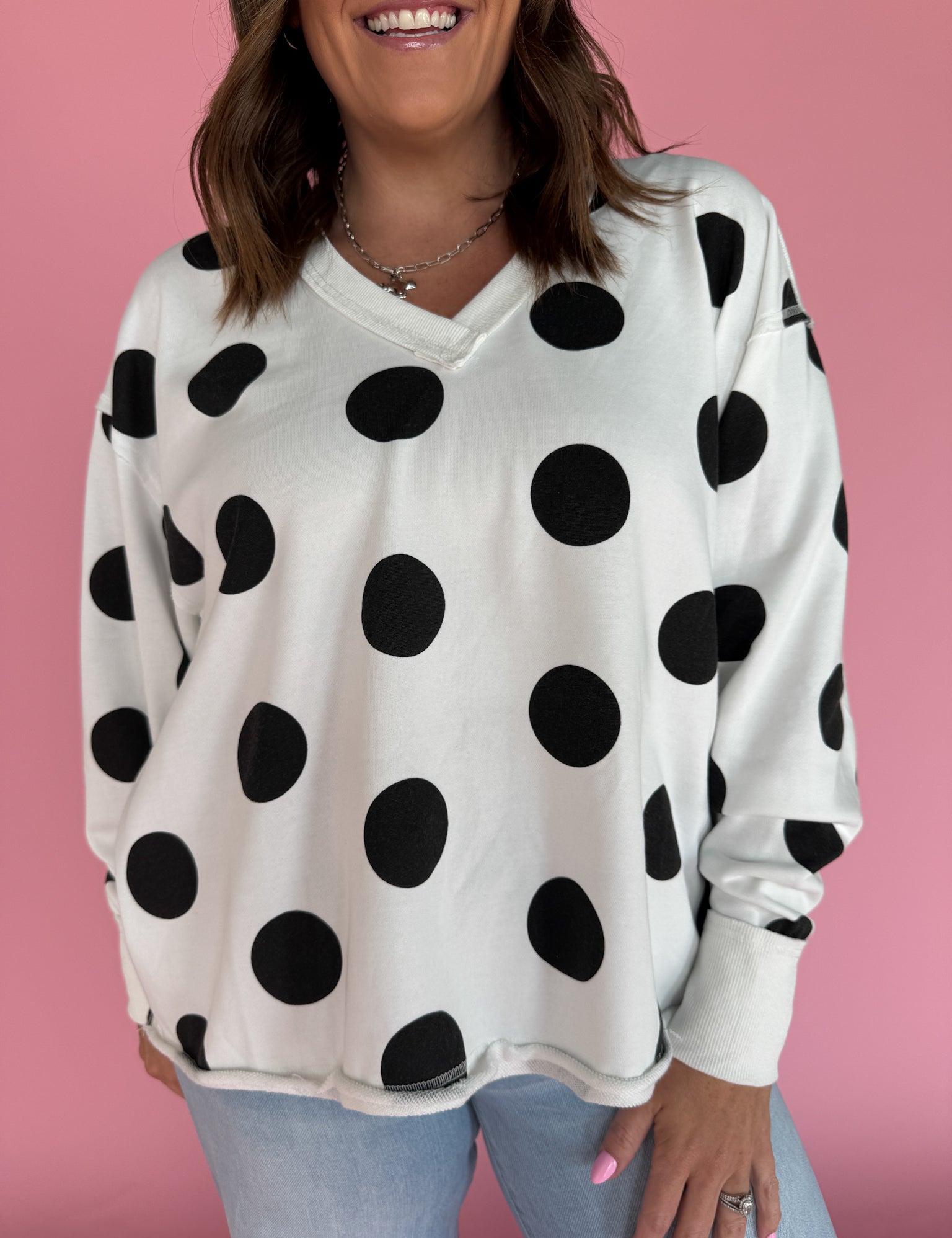 V Neck Polka Dot Pullover-Ivory/Black - Ana Patricia Boutique