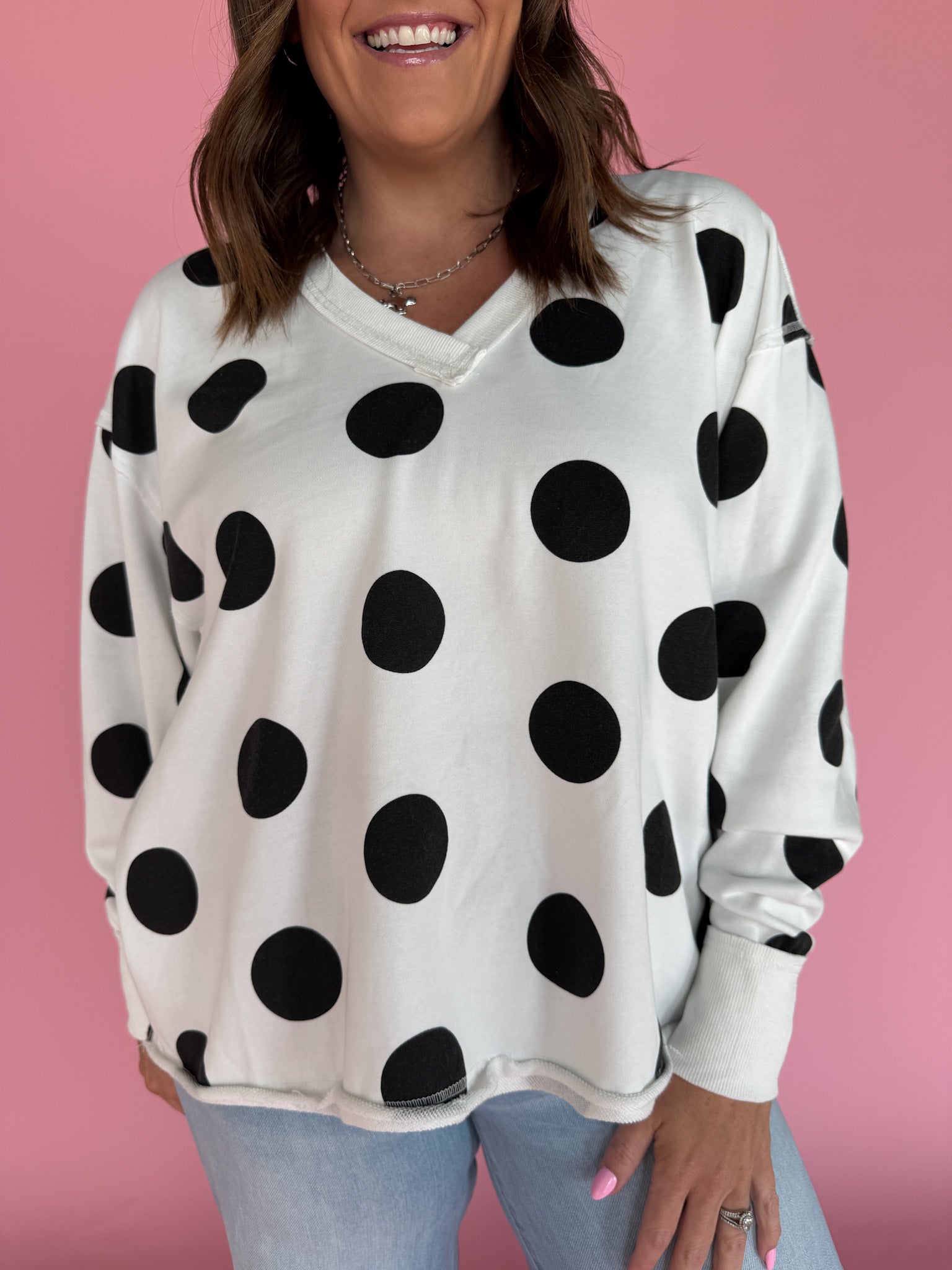 V Neck Polka Dot Pullover-Ivory/Black - Ana Patricia Boutique