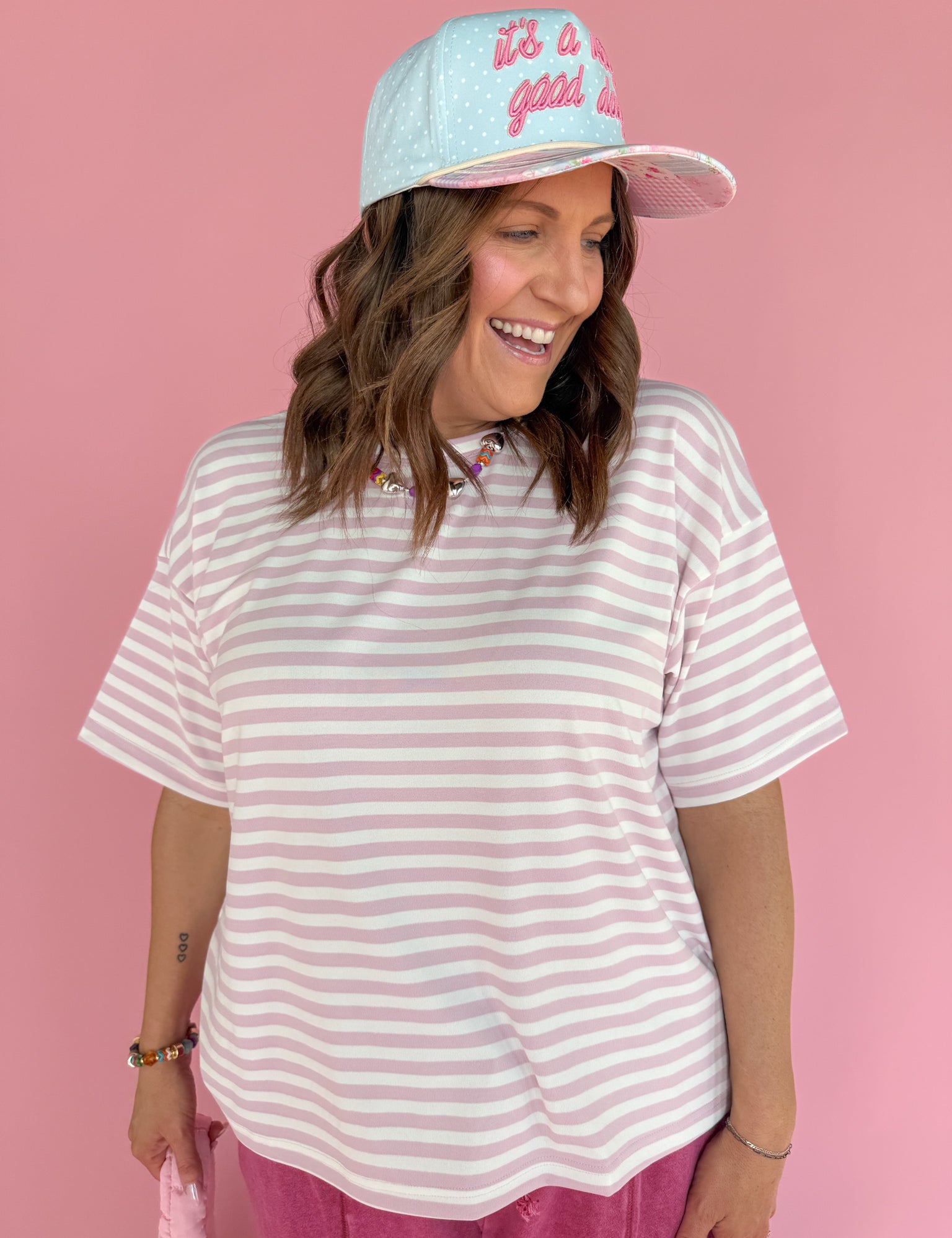 Oversized Stripe Tee- Pink/White - Ana Patricia Boutique