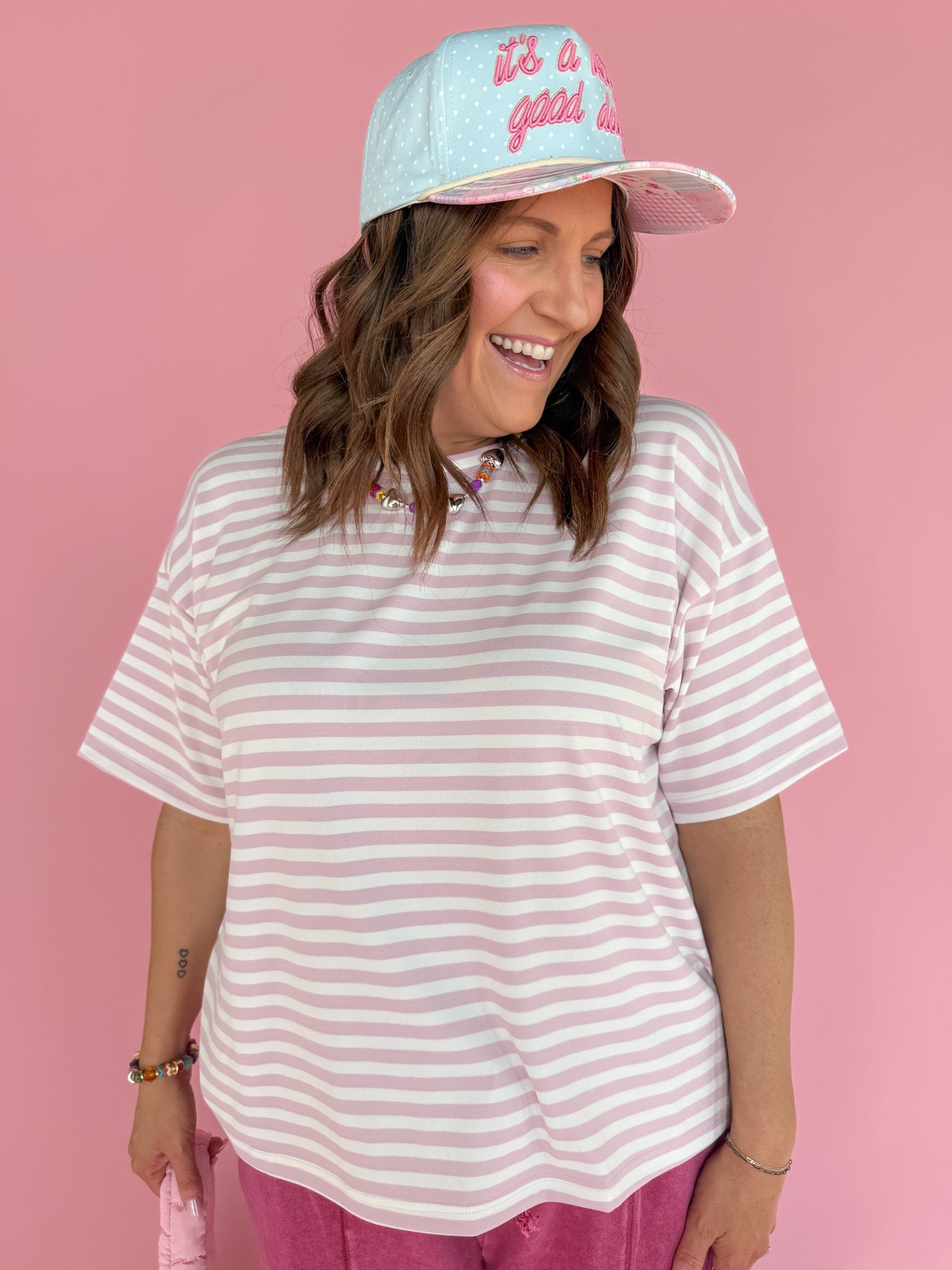Oversized Stripe Tee- Pink/White - Ana Patricia Boutique