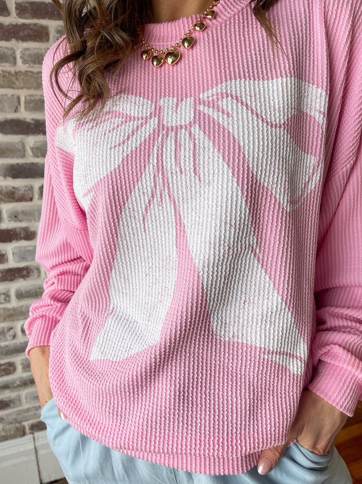 Bow Ribbed Pullover-Pink