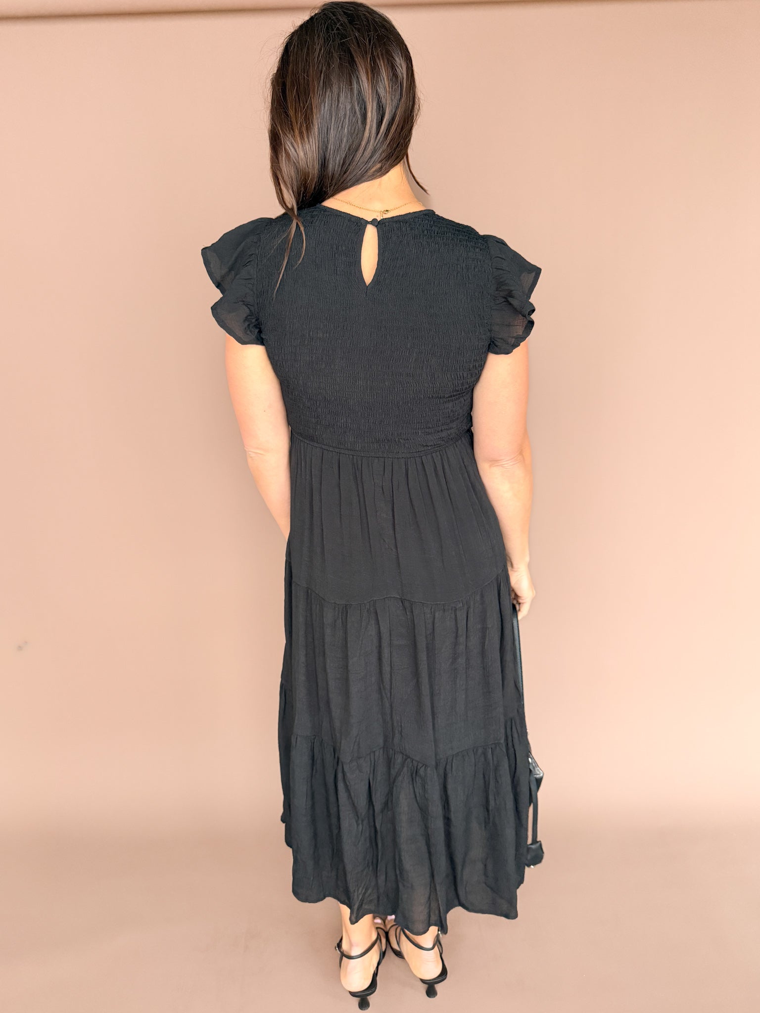 Tiered Smocked Short Sleeve Midi Dress- Black - Ana Patricia Boutique