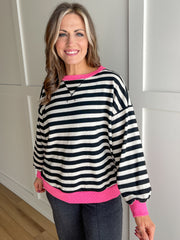 The Linda Stripe Pullover- Black/Pink