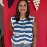 Stripe Button Down Knit Top- Blue