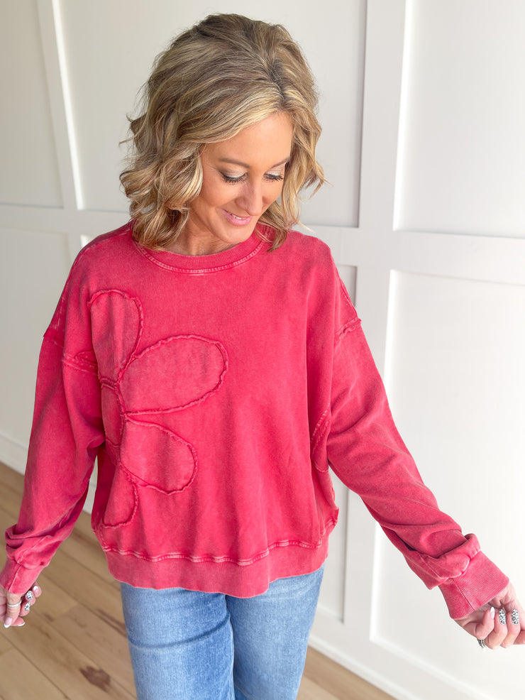 Patched Flower Pullover- Boho Red