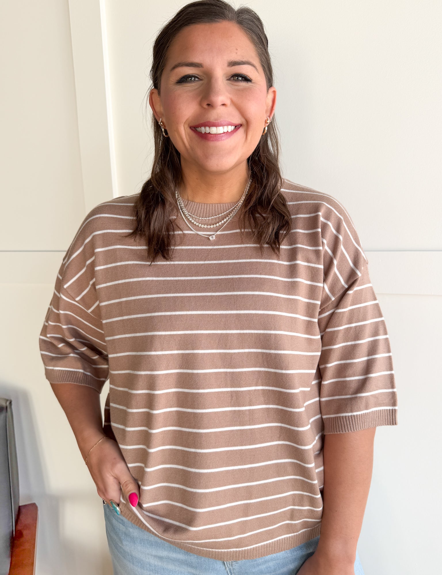Oversized Stripe Top- Taupe - Ana Patricia Boutique