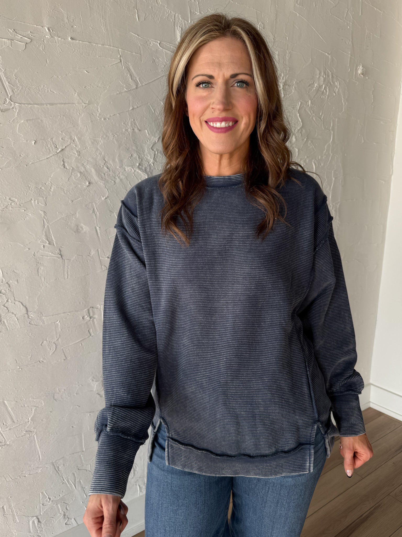 Ribbed Mineral Wash Pullover- Navy - Ana Patricia Boutique