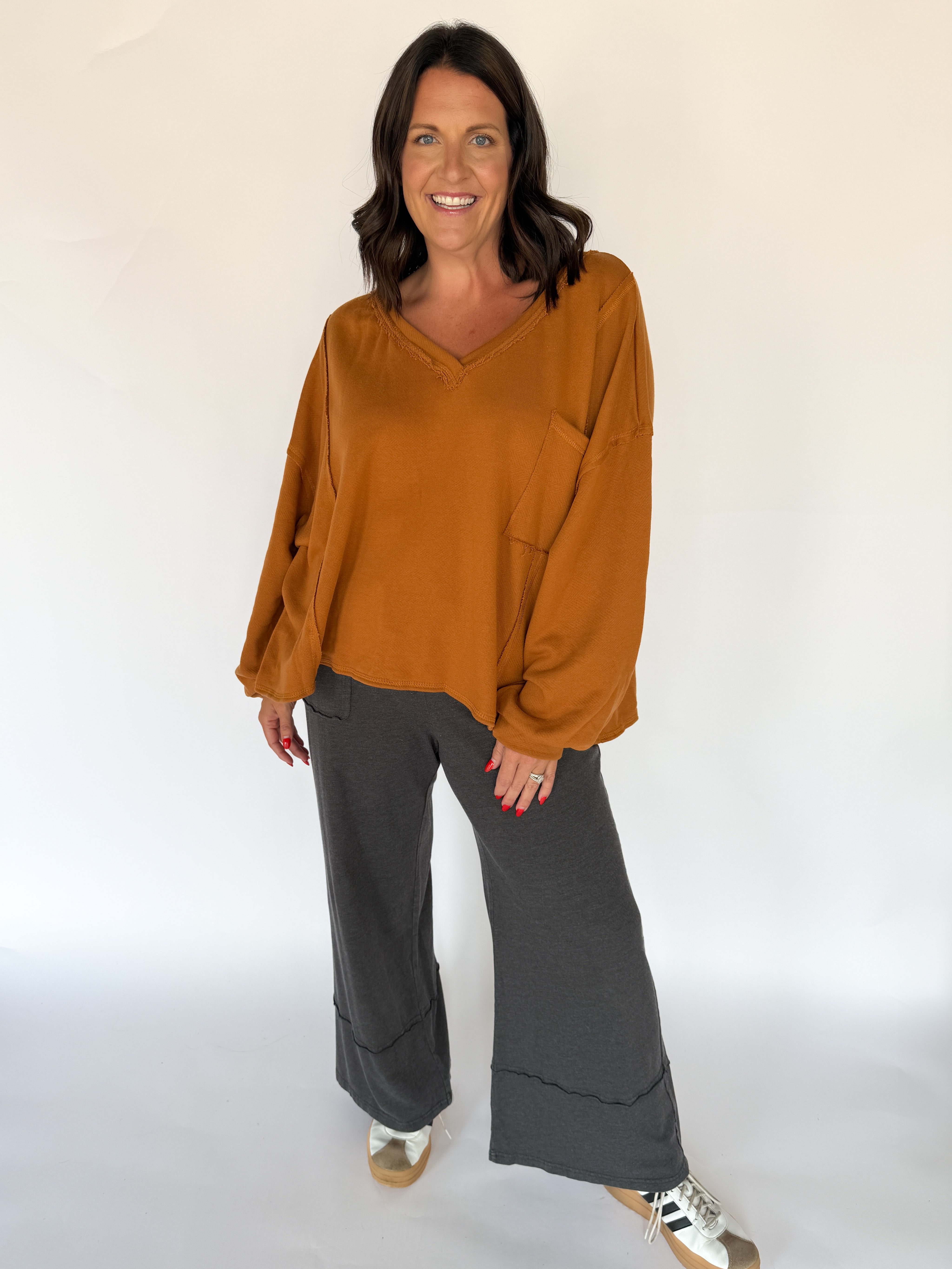 Rust Oversized V Neck Pullover - Ana Patricia Boutique