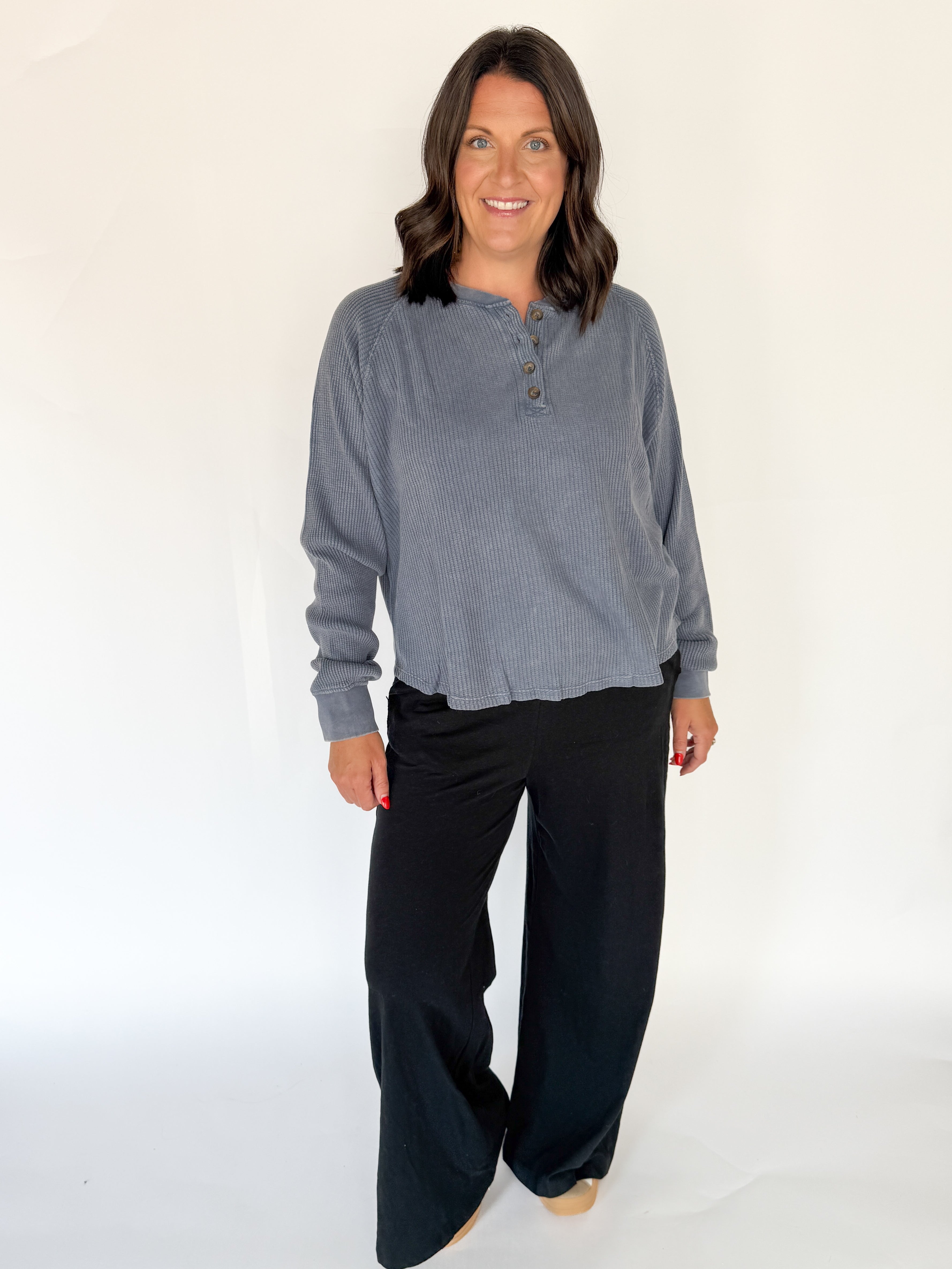 Washed Henley Top- Dsty Navy - Ana Patricia Boutique