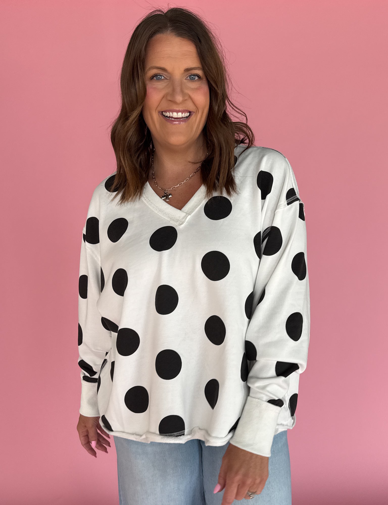 V Neck Polka Dot Pullover-Ivory/Black - Ana Patricia Boutique