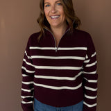Half Zip Collared Stripe Sweater- DK Cherry