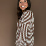 Split Neck Stripe Top- Mocha