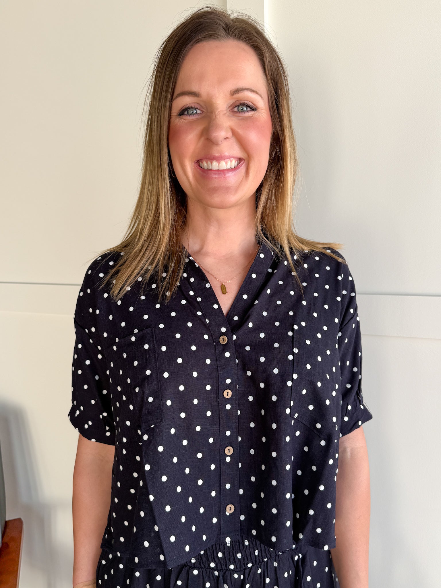 Polka Dot Button Up Top-Navy - Ana Patricia Boutique