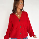 V Neck Waffleknit Cardigan- Red