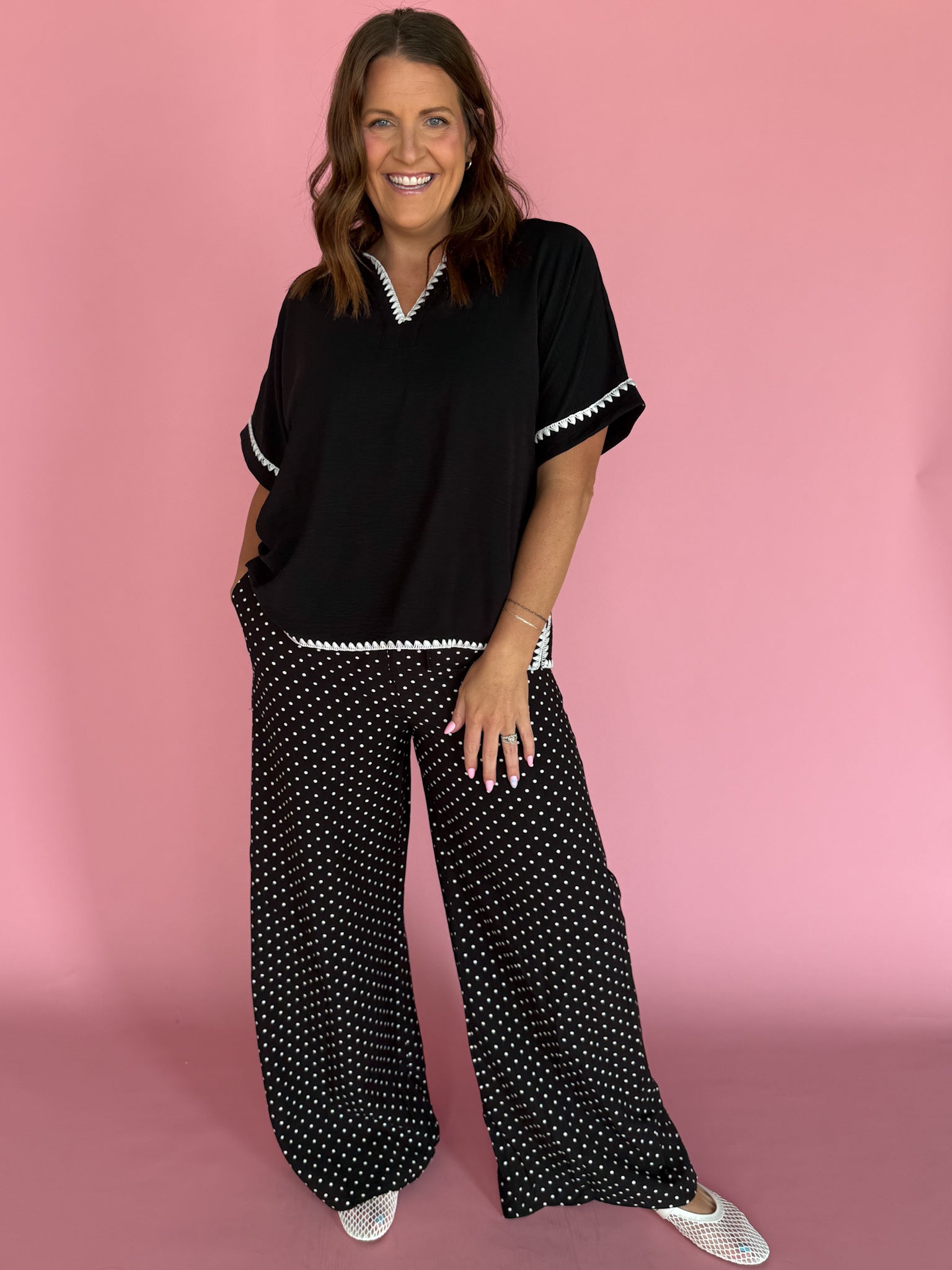 Scallop Embroidery Collared Top- Black - Ana Patricia Boutique