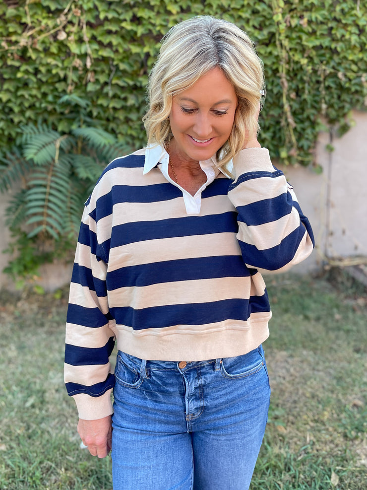 The Laney Stripe Pullover- Oatmea;/Navy