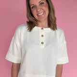 Henley Waffleknit Top- Cream