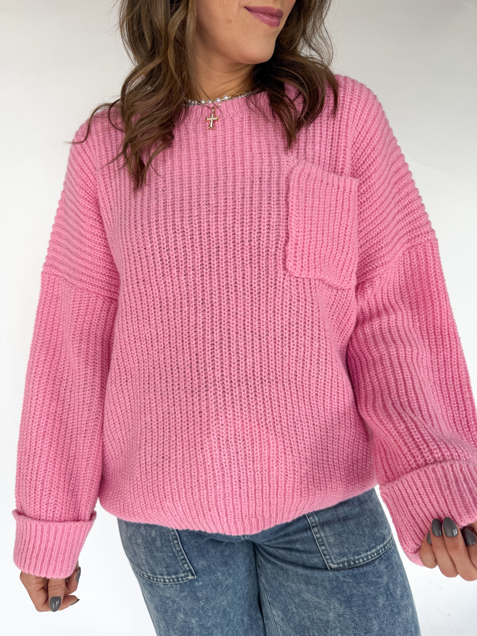 Oversized Front Pocket Sweater- Pink - Ana Patricia Boutique