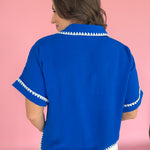 Scallop Embroidery Collared Top- Blue - Ana Patricia Boutique