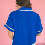 Scallop Embroidery Collared Top- Blue - Ana Patricia Boutique