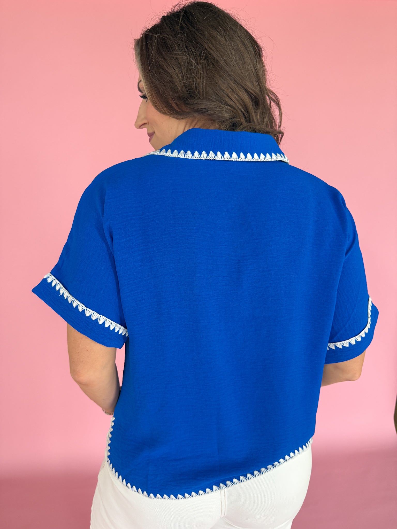 Scallop Embroidery Collared Top- Blue - Ana Patricia Boutique