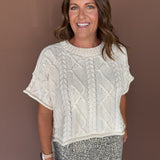 Cable Knit Short Sleeve Sweater- Ivory