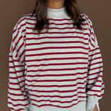Striped Mock Neck Sweatshirt- H.Grey/Red