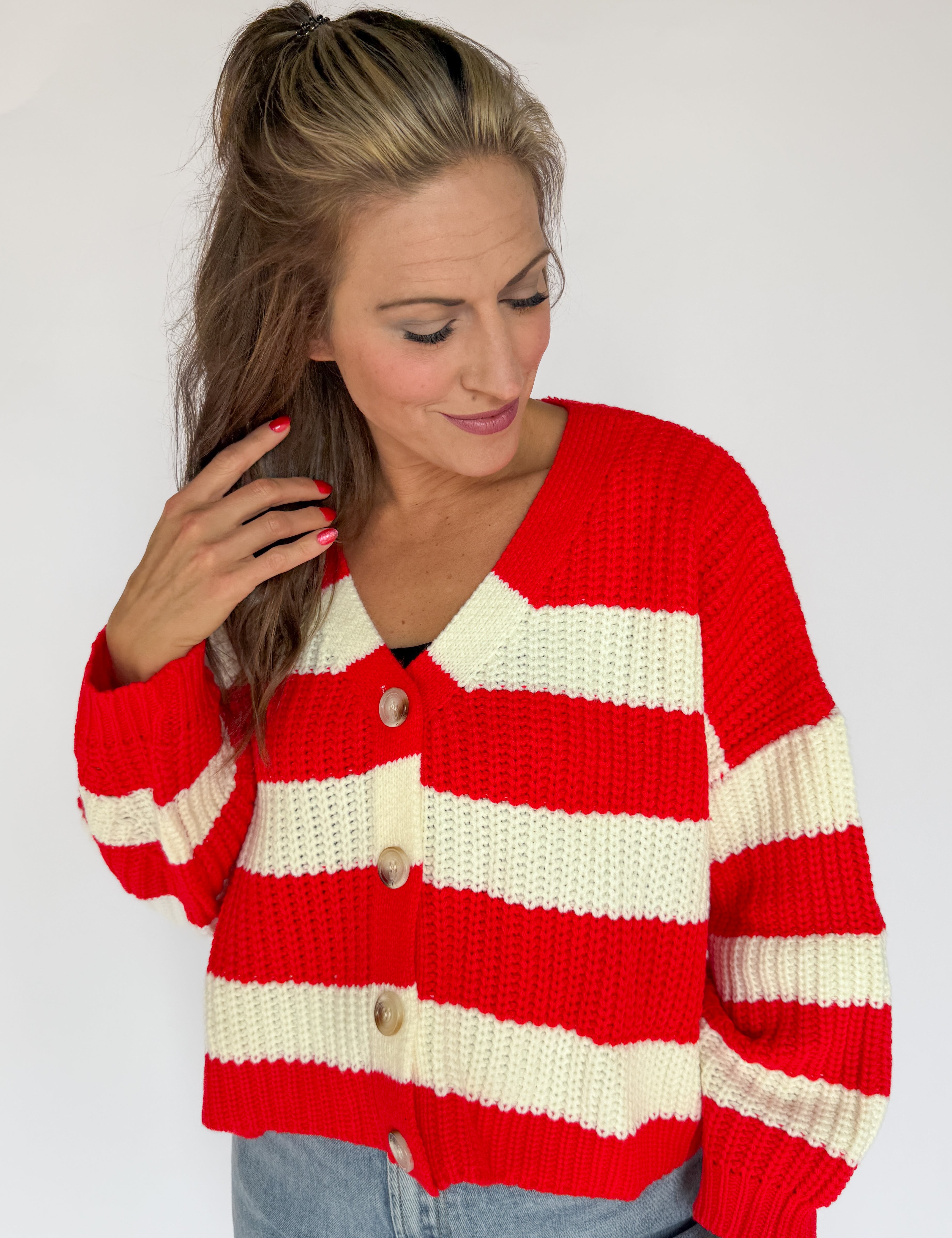 Stripe V Neck Cardigan- Red/Ivory - Ana Patricia Boutique