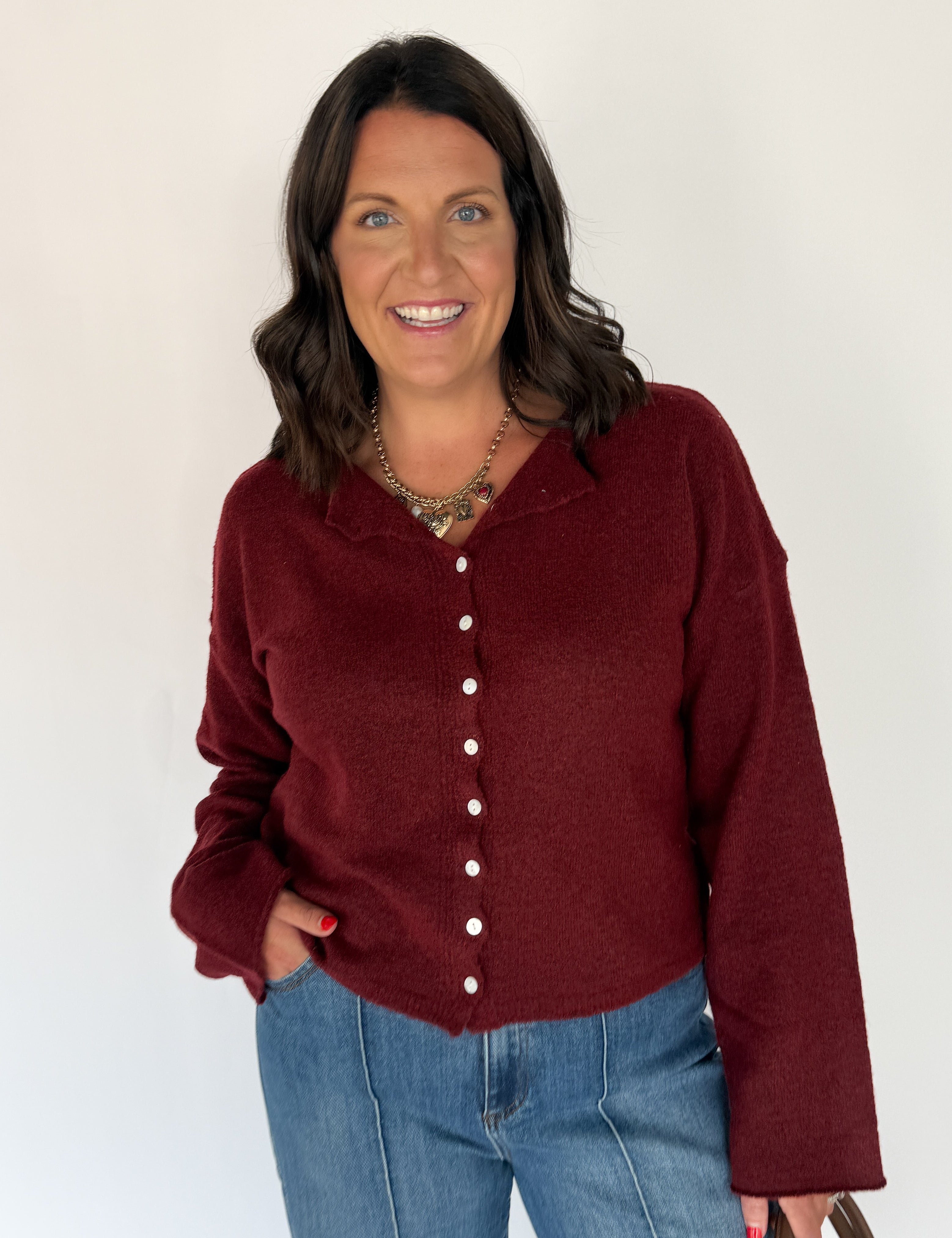 Classic Button Cardigan Top- Burgundy - Ana Patricia Boutique