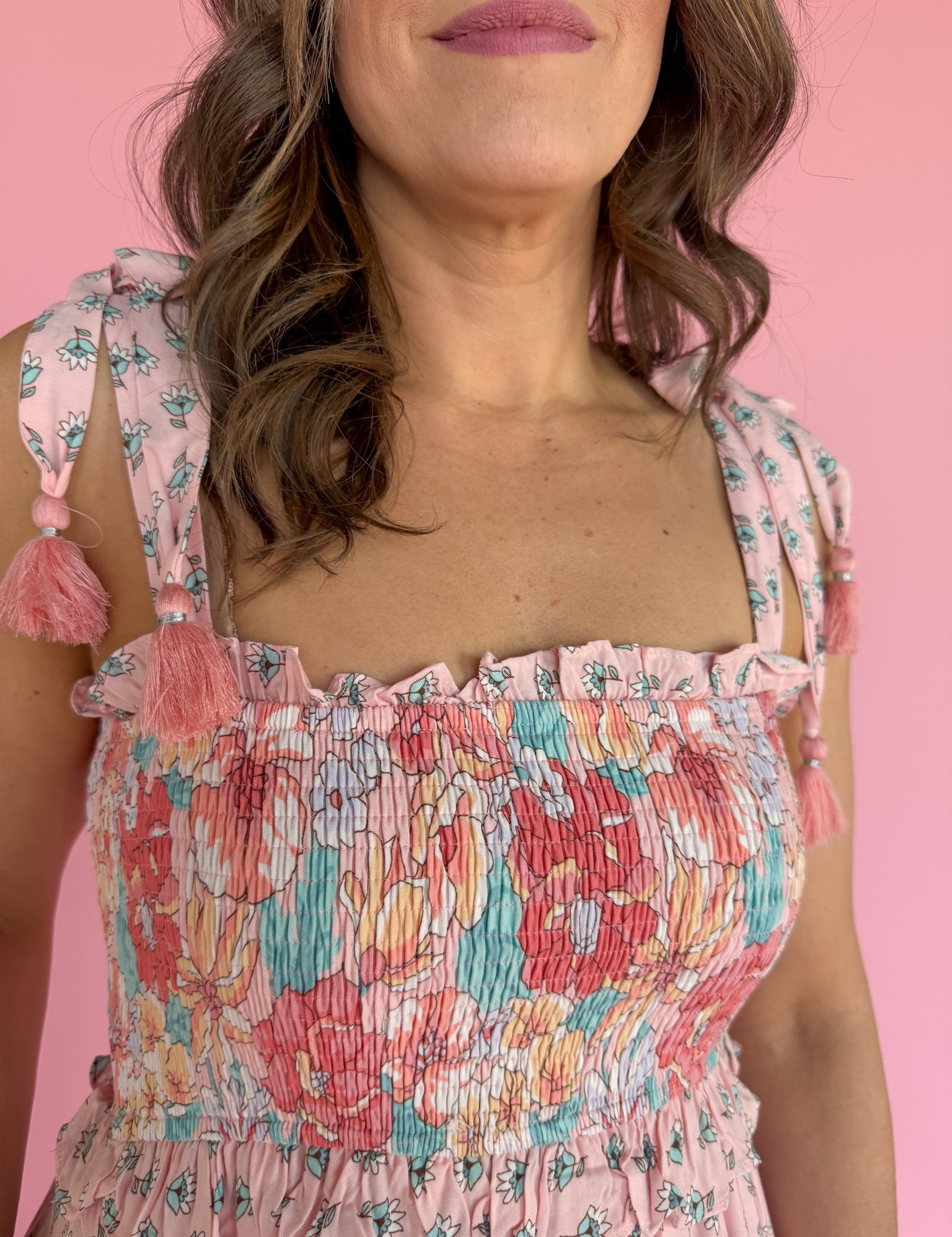 Floral Print Boho Smocked Dress- Pink/Peach - Ana Patricia Boutique