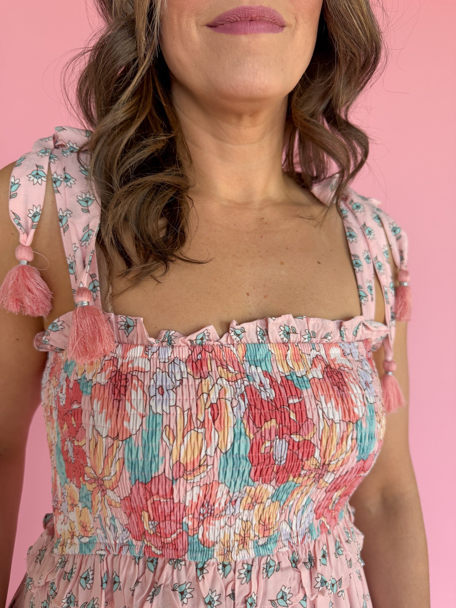 Floral Print Boho Smocked Dress- Pink/Peach - Ana Patricia Boutique